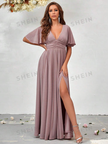 Plunging Neck Butterfly Sleeve Split Thigh Bridesmaid Dress