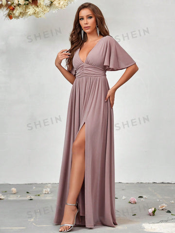 Plunging Neck Butterfly Sleeve Split Thigh Bridesmaid Dress