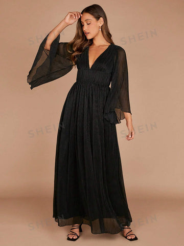 Plunging Neck Flounce Sleeve Dress