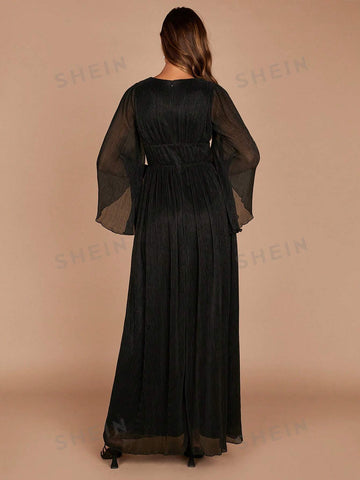 Plunging Neck Flounce Sleeve Dress