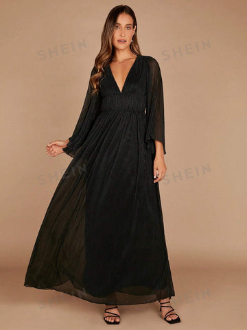 Plunging Neck Flounce Sleeve Dress