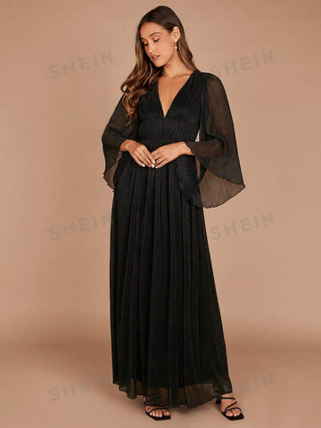 Plunging Neck Flounce Sleeve Dress