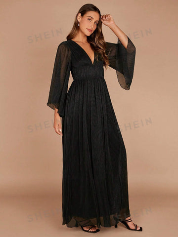 Plunging Neck Flounce Sleeve Dress