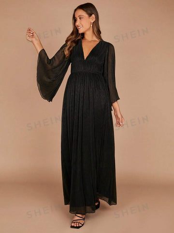 Plunging Neck Flounce Sleeve Dress