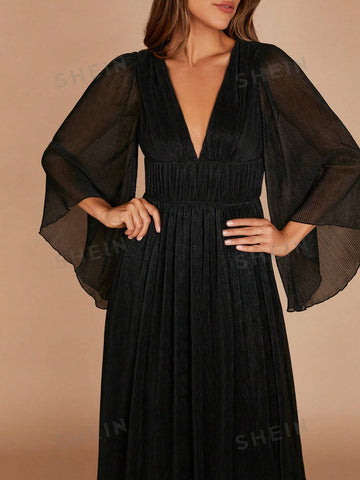 Plunging Neck Flounce Sleeve Dress