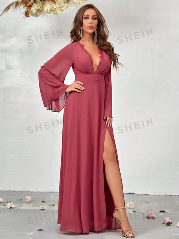 Plunging Neck Flounce Sleeve Split Thigh Chiffon Bridesmaid Dress