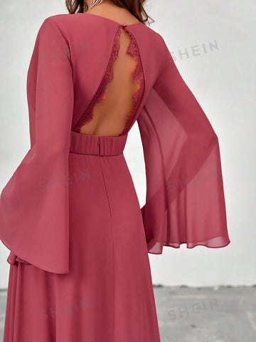 Plunging Neck Flounce Sleeve Split Thigh Chiffon Bridesmaid Dress