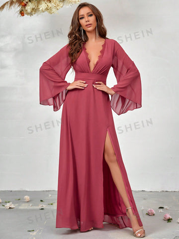 Plunging Neck Flounce Sleeve Split Thigh Chiffon Bridesmaid Dress