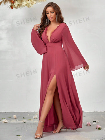 Plunging Neck Flounce Sleeve Split Thigh Chiffon Bridesmaid Dress