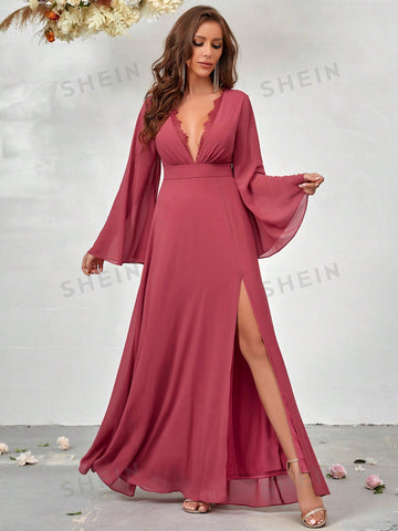 Plunging Neck Flounce Sleeve Split Thigh Chiffon Bridesmaid Dress