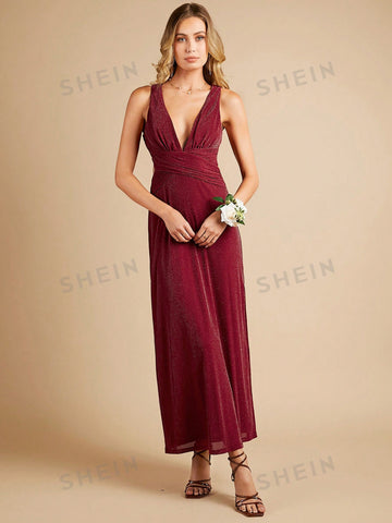 Plunging Neck Glitter Bridesmaid Dress