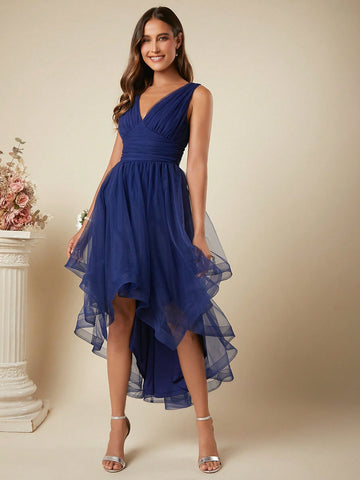Belle Plunging Neck High Low Hem Mesh Dress