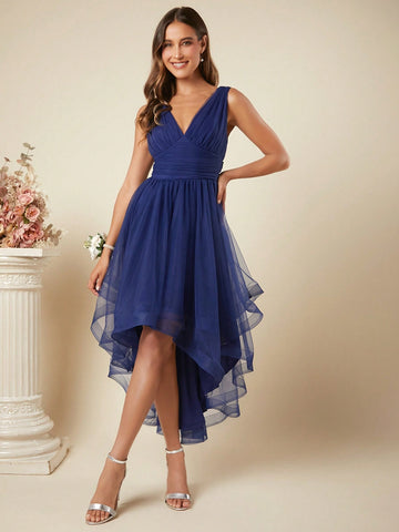 Belle Plunging Neck High Low Hem Mesh Dress