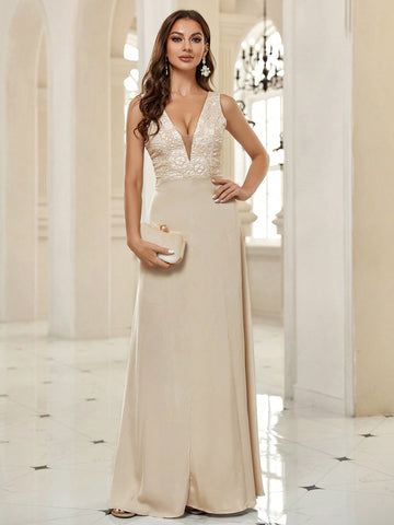 Belle Plunging Neck Jacquard Bodice Maxi Bridesmaid Dress