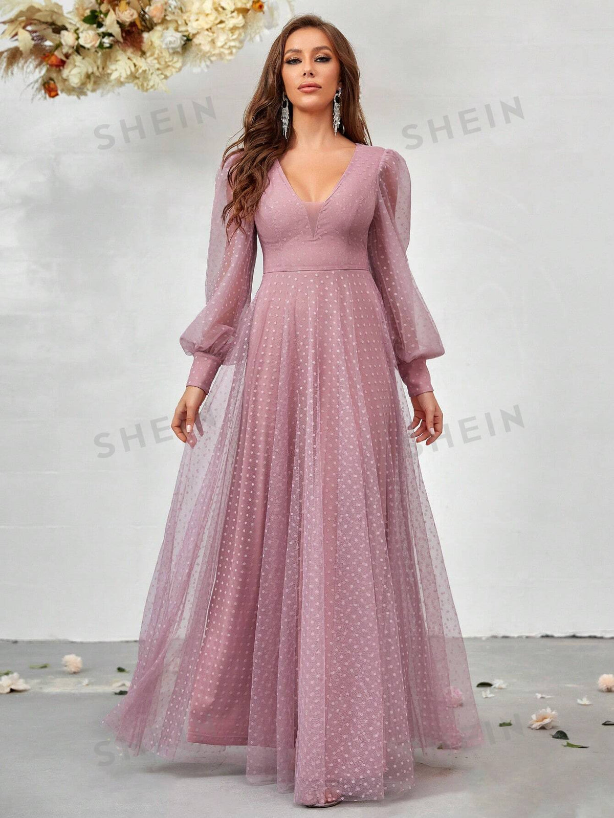 Plunging Neck Lantern Sleeve Mesh Overlay Dress