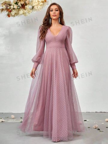 Plunging Neck Lantern Sleeve Mesh Overlay Dress