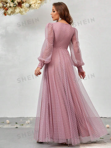 Plunging Neck Lantern Sleeve Mesh Overlay Dress