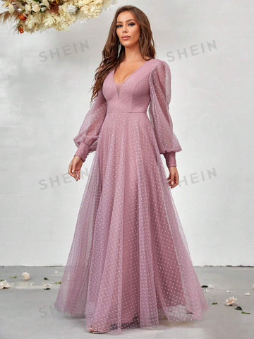 Plunging Neck Lantern Sleeve Mesh Overlay Dress