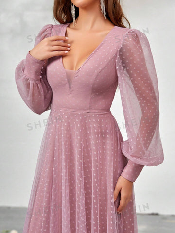 Plunging Neck Lantern Sleeve Mesh Overlay Dress