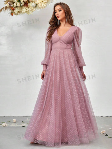 Plunging Neck Lantern Sleeve Mesh Overlay Dress