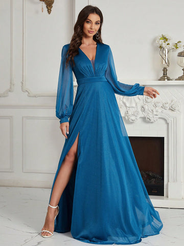 Plunging Neck Lantern Sleeve Split Thigh Glitter Bridesmaid Dress