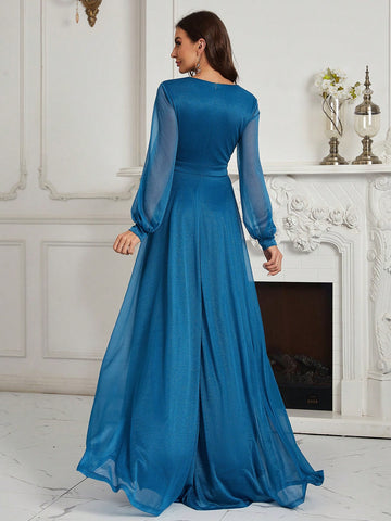 Plunging Neck Lantern Sleeve Split Thigh Glitter Bridesmaid Dress