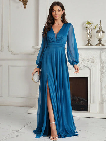 Plunging Neck Lantern Sleeve Split Thigh Glitter Bridesmaid Dress