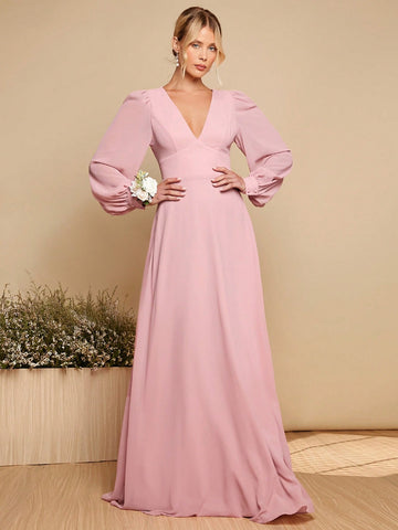 Belle Plunging Neck Lantern Sleeve Tie Backless Maxi Dress