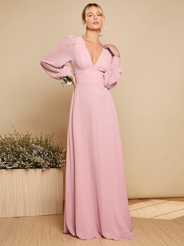 Belle Plunging Neck Lantern Sleeve Tie Backless Maxi Dress