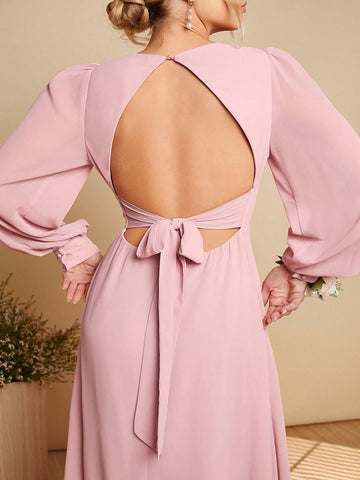 Belle Plunging Neck Lantern Sleeve Tie Backless Maxi Dress