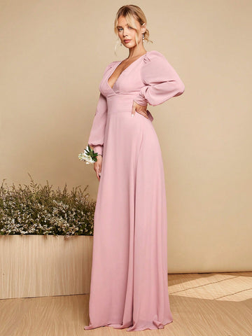 Belle Plunging Neck Lantern Sleeve Tie Backless Maxi Dress