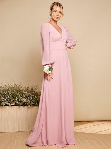 Belle Plunging Neck Lantern Sleeve Tie Backless Maxi Dress