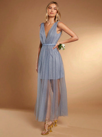 Belle Plunging Neck Mesh Overlay Bridesmaid Dress
