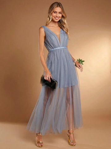 Belle Plunging Neck Mesh Overlay Bridesmaid Dress