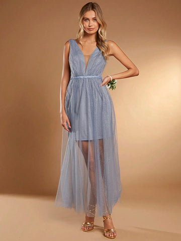 Belle Plunging Neck Mesh Overlay Bridesmaid Dress