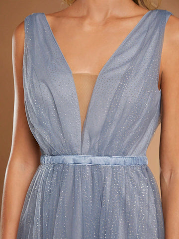 Belle Plunging Neck Mesh Overlay Bridesmaid Dress