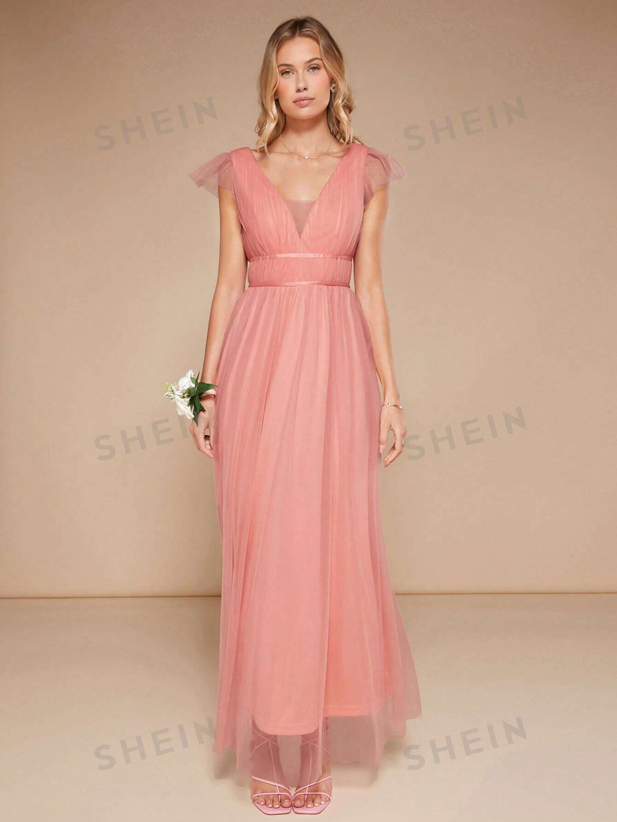Plunging Neck Mesh Overlay Maxi Bridesmaid Dress