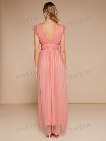 Plunging Neck Mesh Overlay Maxi Bridesmaid Dress