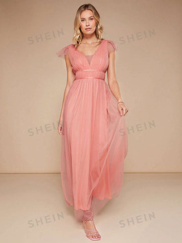 Plunging Neck Mesh Overlay Maxi Bridesmaid Dress