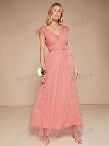 Plunging Neck Mesh Overlay Maxi Bridesmaid Dress