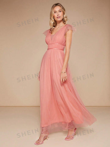 Plunging Neck Mesh Overlay Maxi Bridesmaid Dress