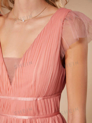 Plunging Neck Mesh Overlay Maxi Bridesmaid Dress