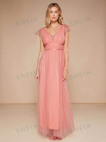 Plunging Neck Mesh Overlay Maxi Bridesmaid Dress