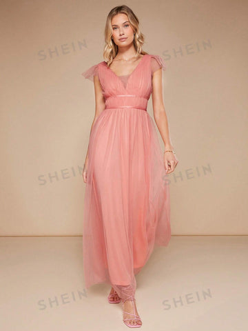 Plunging Neck Mesh Overlay Maxi Bridesmaid Dress