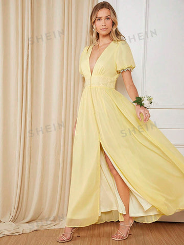 Plunging Neck Puff Sleeve Split Thigh Chiffon Bridesmaid Dress