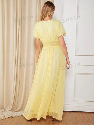 Plunging Neck Puff Sleeve Split Thigh Chiffon Bridesmaid Dress