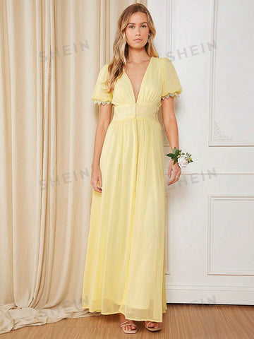 Plunging Neck Puff Sleeve Split Thigh Chiffon Bridesmaid Dress