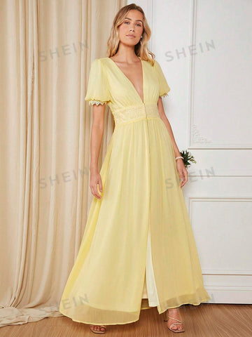 Plunging Neck Puff Sleeve Split Thigh Chiffon Bridesmaid Dress