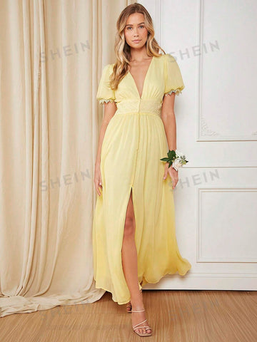 Plunging Neck Puff Sleeve Split Thigh Chiffon Bridesmaid Dress