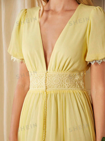 Plunging Neck Puff Sleeve Split Thigh Chiffon Bridesmaid Dress